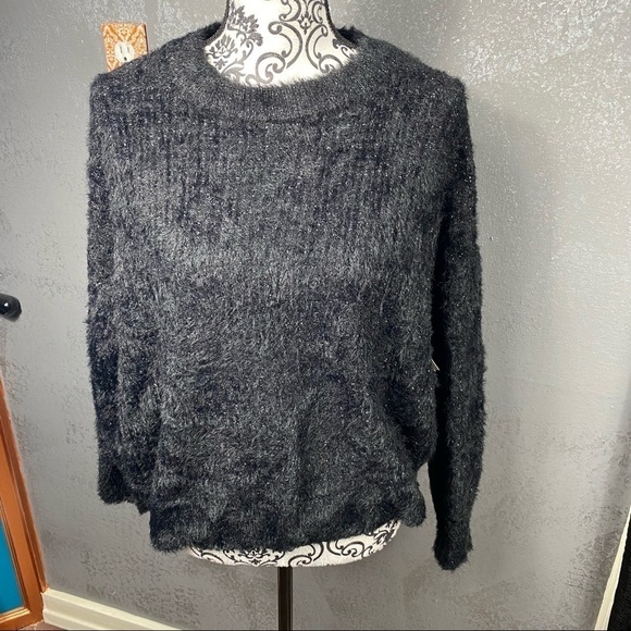 FRNCH Black Glitter Cropped Crew Neck Sweater.  Soft fuzzy, winter warm sparkly - Picture 3 of 12